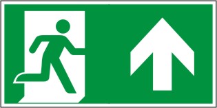 Rettungswegschild als Kombiversion zum Hinweis auf Laufrichtung geradeaus/geradeaus 