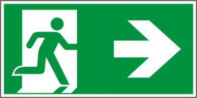 Rettungswegschild als Kombiversion zum Hinweis auf Laufrichtung nach rechts 