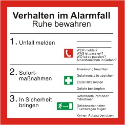 Verhalten im Alarmfall mit Symbolen nach BGV A8 
