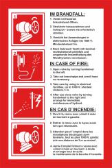 Schild , "Handhabungsfolie Wandhydrant" , 3-sprachig-deutsch/englisch/französisch" , mit Text und Symbolen, 2-farbig schwarz/rot, angepasst an neue DIN14461 (gültig ab 01.10.2016). Material: Folie selbstklebend 