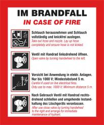 Schild mit Text und Symbolen "Handhabungsfolie Wandhydrant  2 sprachig/deutsch,englisch", angepasst an neue DIN14461 (gültig ab 01.10.2016).  Material: Folie selbstklebend 