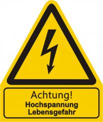 Warnkombischild mit Symbol und Text  nach  BGV A 8 "Text: Achtung! Hochspannung Lebensgefahr 