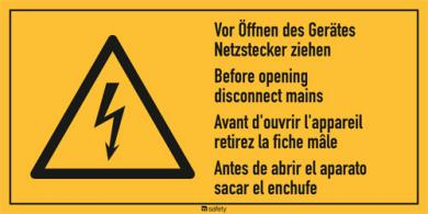 Mehrsprachige Kombischilder f. Elektrot. Text: " Vor Öffnen des Gerätes..." 