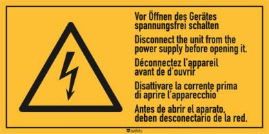 Mehrsprachige Kombischilder f. Elektrot. Text: "Vör Öffnen des Gerätes..." 