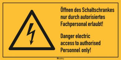 Mehrsprachige Kombischilder f. Elektrot. Text: "Öffnen des Schaltschrankes..." 