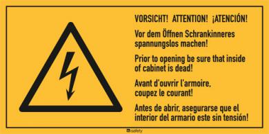 Mehrsprachige Kombischilder f. Elektrot. Text: "Vor dem Öffnen Schrankinneres..." 