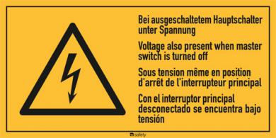 Mehrsprachige Kombischilder f. Elektrot. Text: "Bei augeschaltetem Hauptschalter" 