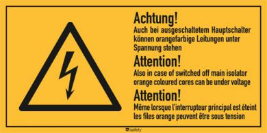 Mehrsprachige Kombischilder f. Elektrot. Text: "Achtung! Auch bei..." 