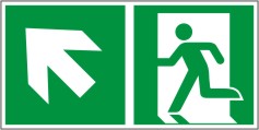 Rettungswegschild als Kombiversion zum Hinweis auf Etagenwechsel / nach links aufwärts gehen 
