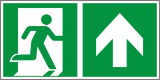 Rettungswegschild als Kombiversion zum Hinweis auf Laufrichtung geradeaus/geradeaus durch Tür 
