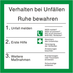 Schild "Verhalten bei Unfällen" mit Symbolen nach ISO 7010 