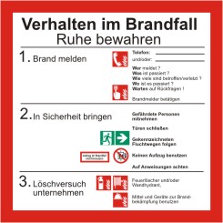 Schild "Verhalten im Brandfall" mit Symbolen nach ISO 7010 
