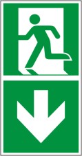 Rettungswegschild als Kombiversion zum Hinweis auf Etagenwechsel / abwärts gehen 