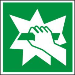 Symbol "Notausgangsvorrichtung -erreichbar nach Zerschlagen einer Scheibe- nach ISO 7010 / E 008 