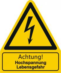 W012 / Warnkombischild mit Symbol und Text  nach ISO 7010 "Text: Achtung! Hochspannung Lebensgefahr 