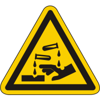 W023 / Warnschild als Symbol Warnung vor ätzenden Stoffen nach ISO 7010 