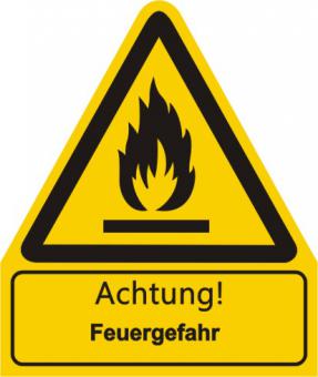 W021 / Warnkombischild mit Symbol und Text " nach ISO 7010 Text: Achtung! Feuergefahr 